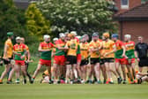 Carlow and Antrim players tussle at the end of the first half during the 2024 Leinster Hurling Senior Championship Round 5 match at Corrigan Park in Belfast. Photo: Shauna Clinton/Sportsfile