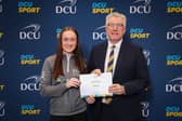 Leila Colfer, St. Laurence O'Tooles AC, with DCU President Professor Dáire Keogh at the recent Sport Scholarships Ceremony at Dublin City University. Pic: Kyran O'Brien/DCU Communications