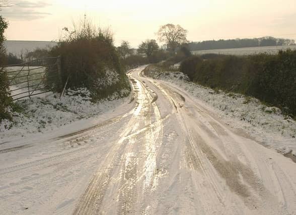 Ice on road on lane to Raddon, taken in a previous year. Credit: Derek Harper