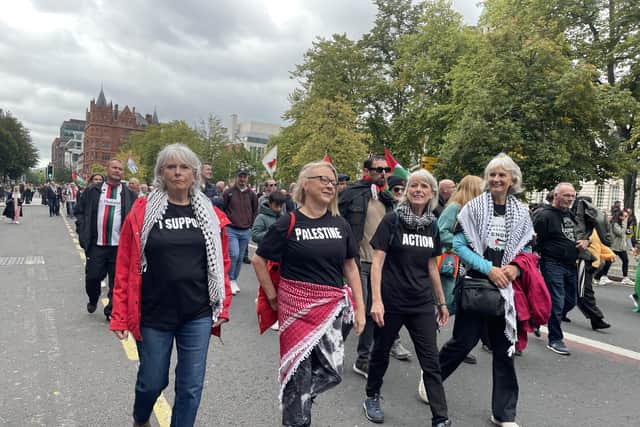 Although some protesters made subtle reference to Palestine Action, there was no major reference to the group deemed a proscribed organisation by the UK Government.