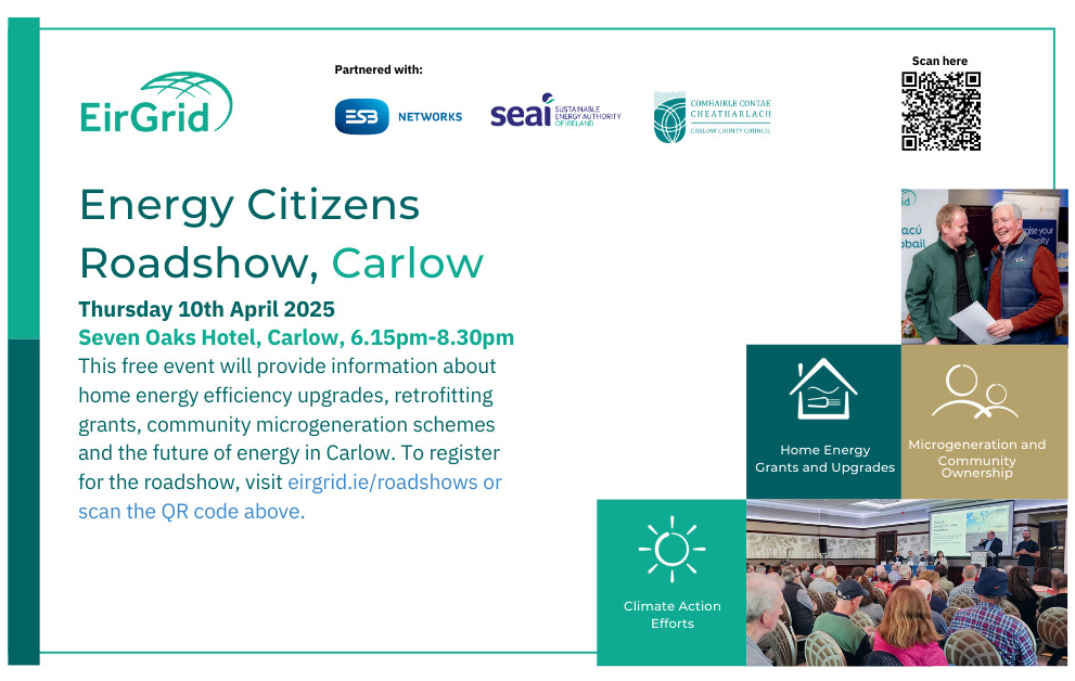 Join the EirGrid Energy Citizens Roadshow, Thursday, 10th of April, Seven Oaks Hotel, Carlow.