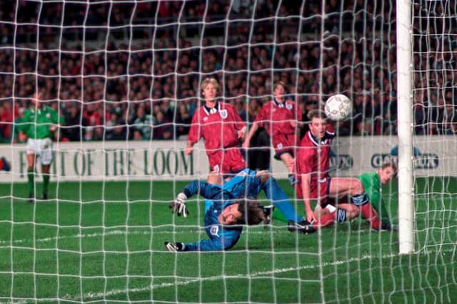 The trouble, which was orchestrated by Combat 18 - a far-right group - erupted after David Kelly gave Ireland the lead (pictured below) in the 22nd minute.