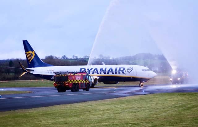 Unusual sight at Irish airport as Ryanair plane is met by emergency vehicles on runway