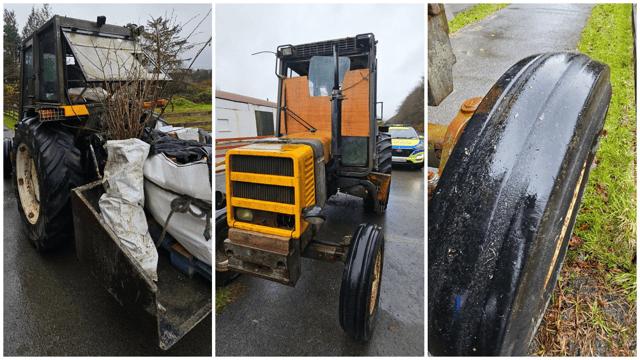 Photographs of the tractor, which have been shared online, show the windscreen has been replaced with timber and some glass tied together with cord while one of the tyres is 'dangerously bald'