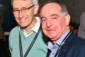 Independent candidate Tom Healy (left) pictured with Labour candidate Seán Ó hArgáin at the count centre in Kilkenny PICTURE: Harry Reid