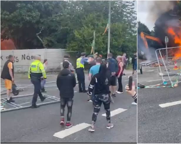 Shocking scenes as JCB set on fire at protest against Dublin asylum centre