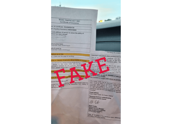 Examples of fake insurance documents, Photo: Carlow Gardaí Facebook