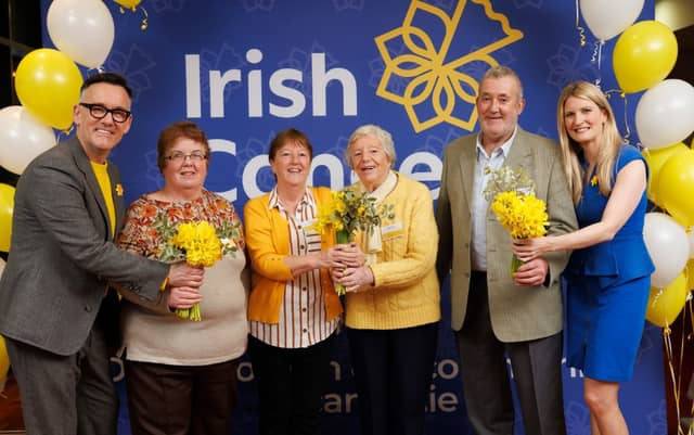 MC Brendan Courtney, Gretta Gorman, Jen Dawson, Mary Walsh and Pat Bolger from Carlow and Irish Cancer Society CEO, Averil Power.