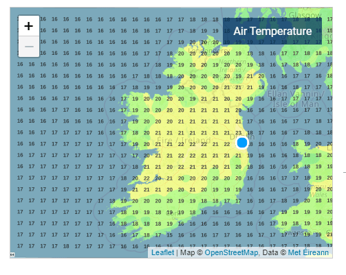 Their air temperature widget on their website shows 22C over parts of the Midlands on Saturday afternoon.