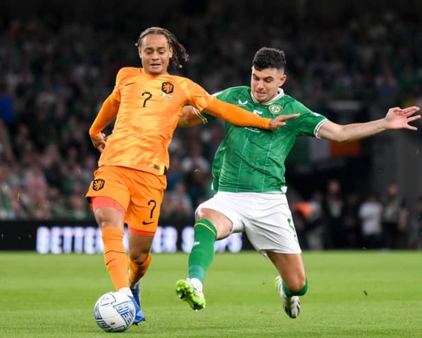 Xavi Simons of Netherlands in action against John Egan of Republic of Ireland. PIC: Sportsfile