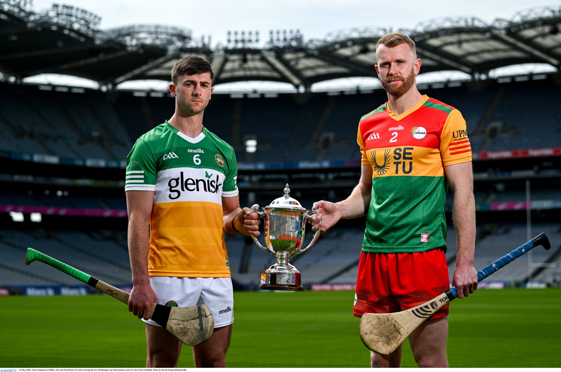 Jason Sampson of Offaly, left, and Paul Doyle of Carlow at the recent Joe McDonagh Cup final media event at Croke Park in Dublin. Photo by David Fitzgerald/Sportsfile