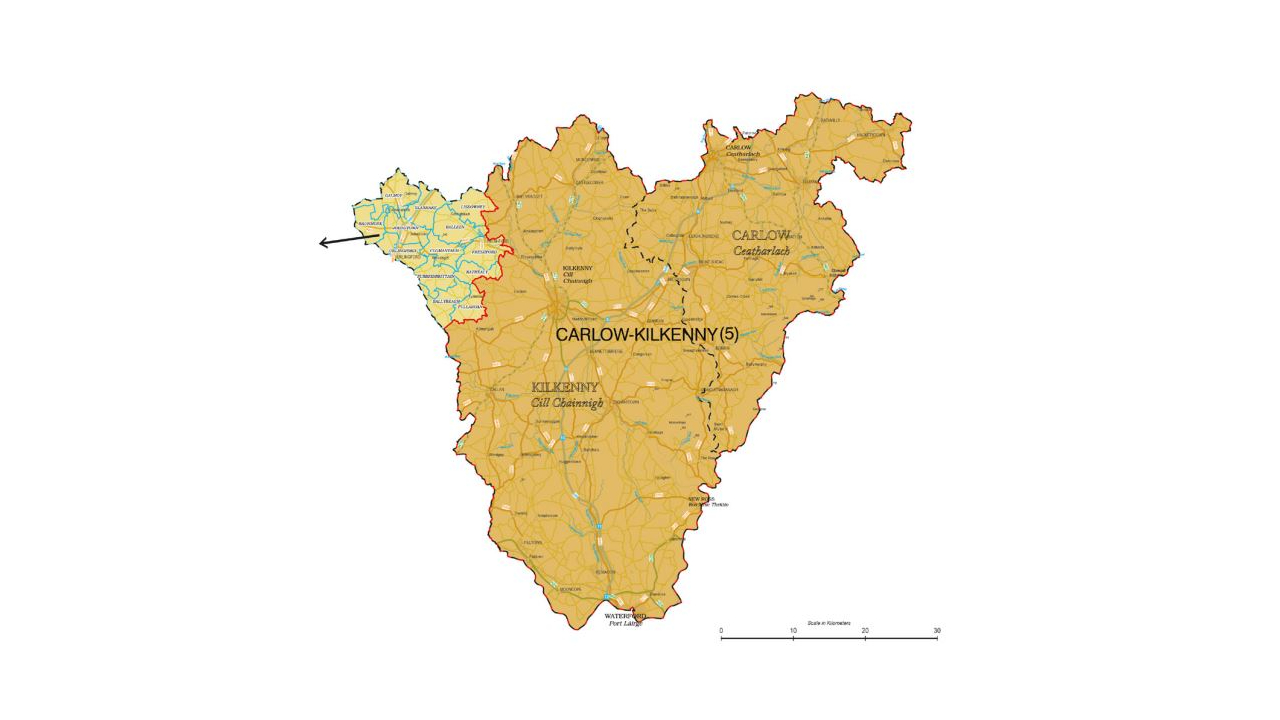 The recommended new Carlow-Kilkenny five-seater constituency boundary (darkened) sees the loss of 13 Kilkenny EDs (population of 6,431) to a new Tipperary North constituency