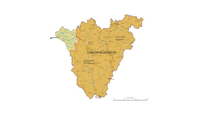 The recommended new Carlow-Kilkenny five-seater constituency boundary (darkened) sees the loss of 13 Kilkenny EDs (population of 6,431) to a new Tipperary North constituency