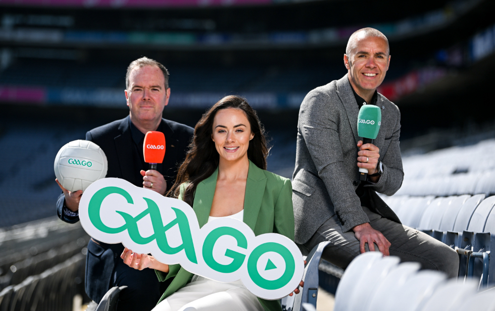 Mike Finnerty, left, Aisling O’Reilly and Dave McIntyre at the announcement of the GAAGO commentary teams in Croke Park. PIC: Sportsfile