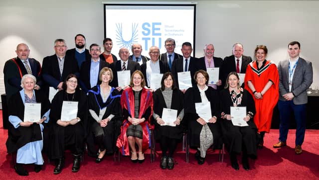 Graduates with Prof Veronica Campbell, President of SETU, Tom Ryan, Director General of the GAA, Paddy Flood, David Denieffe, Anne Meaney, Dr Gina Noonan, and Jack McCarney