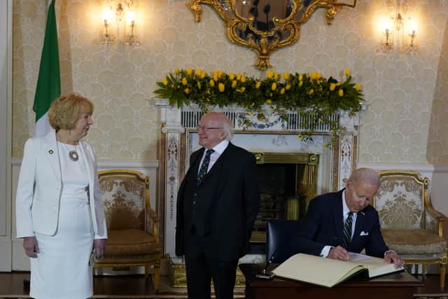 After signing the visitors’ book in the historic State Reception Room, Mr Biden told the waiting media that he had referenced an Irish proverb: “Your feet will bring you where your heart is.”