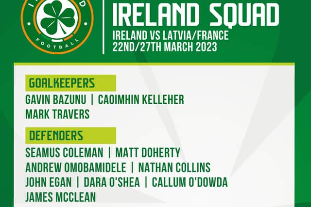 Forwards: Chiedozie Ogbene (Rotherham United), Michael Obafemi (Burnley), Evan Ferguson (Brighton and Hove Albion), Adam Idah (Norwich City), Troy Parrott (Preston North End, on loan from Tottenham Hotspur), Will Keane (Wigan Athletic), Mikey Johnston (Vitoria, on loan from Celtic).