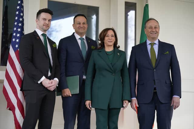 Mr Varadkar and Mr Barrett posed for photos with Ms Harris and her husband Douglas Emhoff when they arrived at her residence early on Friday morning.