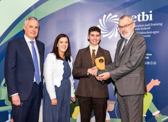 Ray Kennedy, RTÉ News Anchor and former ETB learner, and Seán Holt, award winner, Larry McCarthy, President of the GAA and a Ghaelcholáiste Cheatharlach representative