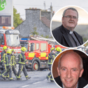 The scene after the explosion in Creeslough and (insets) Fr John Joe Duffy and Liam McElhinney. Photo: North West Newspix