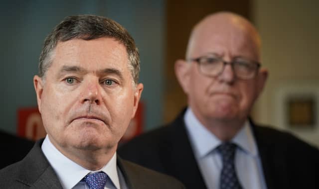 Minister for Finance Pascal Donohoe flanked by his Fine Gael colleague and Laois Offaly TD Charlie Flanagan.