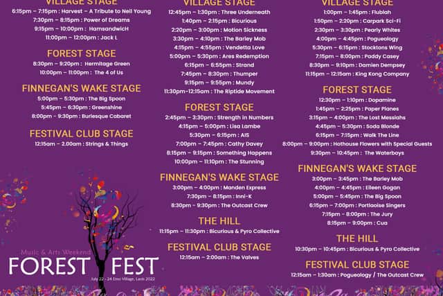 The complete running order and stage times for Forest Fest are set out here in this easy to view timetable: