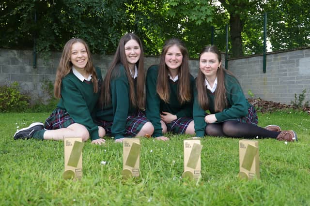 Jessica Korposh, Eva Cooney, Isabella O’ Byrne and Lily Redmond from the St Leo’s College, Carlow transition year class who have won the overall national award for their recycling app idea