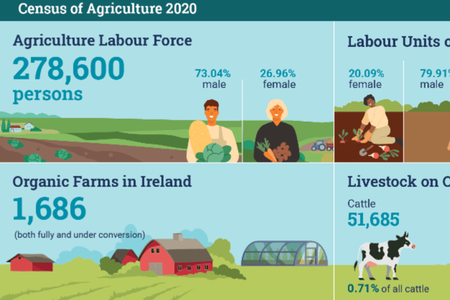 According to the census, organic area utilised (AAU) accounted for 73,800 hectares of the 4.5 million hectares of farm land in Ireland - or 1.6% of the total - the majority of which is grassland (96%). 