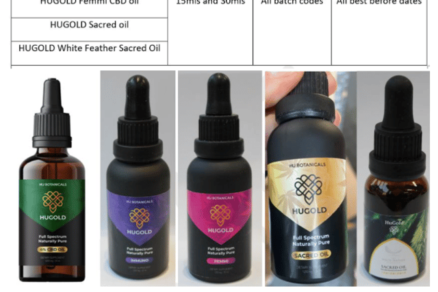 The recall notice applies to all batches of the brand's 15ml and 30ml products, including Hugold 4% CBD oil, Immuno CBD oil, Femmi CBD oil, Sacred oil and White Feather Sacred oil. 