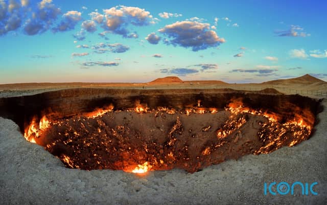 A 1971 gas-drilling collapse formed the crater.
