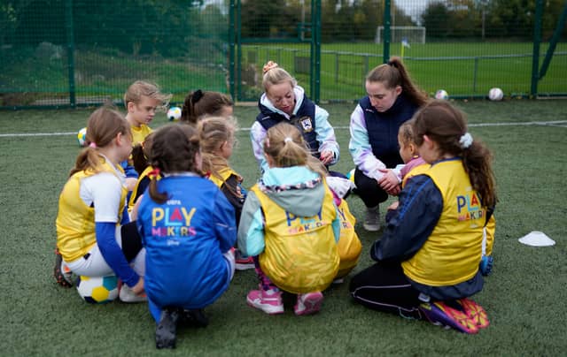 Kids take part in the UEFA Disney Playmakers programme at Ballyoulster United. Photo: Conor Ryan