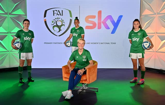 Republic of Ireland WNT Manager Vera Pauw along with players Ciara Grant, Rianna Jarrett and Jess Ziu at the announcement of Sky becoming Primary Partners. Photo: Sportsfile
