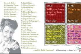 Retro wallpaper in the background of each stamp matches the different rooms in the Craggy Island Parochial House.
