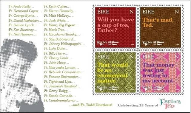 Retro wallpaper in the background of each stamp matches the different rooms in the Craggy Island Parochial House.