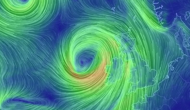 Storm Callum as displayed for Friday on earth.nullschool,net.