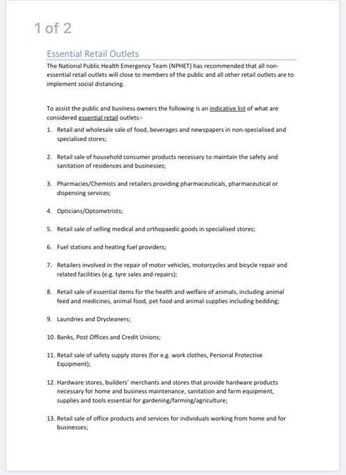 The Government has published the full list of shops that have been essential and can remain open during a second phase of the coronavirus Covid-19 measures announced on Tuesday by Taoiseach Leo Varadkar.