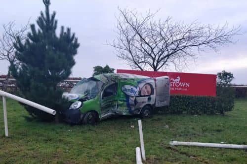 A badly damaged commercial vehicle from this morning's collision. Remarkably, no one sustained serious injuries