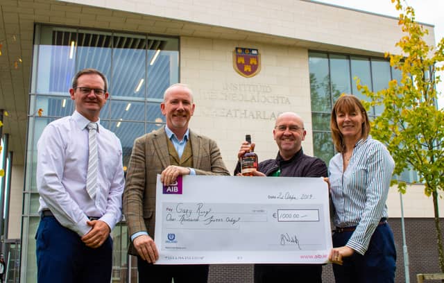Dr. David Ryan; Programme Director, BSc. Brewing & Distilling, IT Carlow; Bernard Walsh, Managing Director, Walsh Whiskey; Gary Ring (Bursary recipient) and Dr. Paula Rankin, Head of Dept. of Science