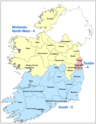 The three constituencies are Dublin, Ireland South and Midlands North West. A breakdown of which counties vote in which constituencies is printed below: