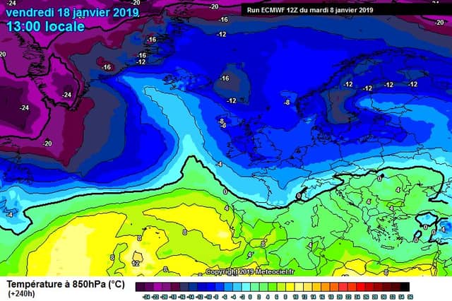 Chart shows upper air temps January 18 (Source: Carlow Weather)