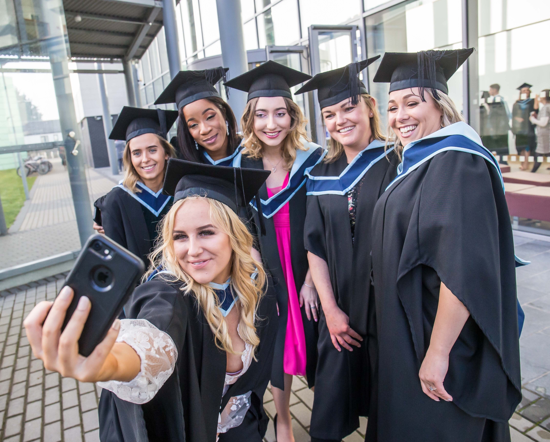 Jasmine Casey, Roscommon, Clara Hayden, Carlow, Hannah Connolly, Kimberly Edosa, Galway, Paula McCormack, Kildare and Sandra Wheatley, Wicklow who graduated  Carlow IT (Picture: Pat Moore)