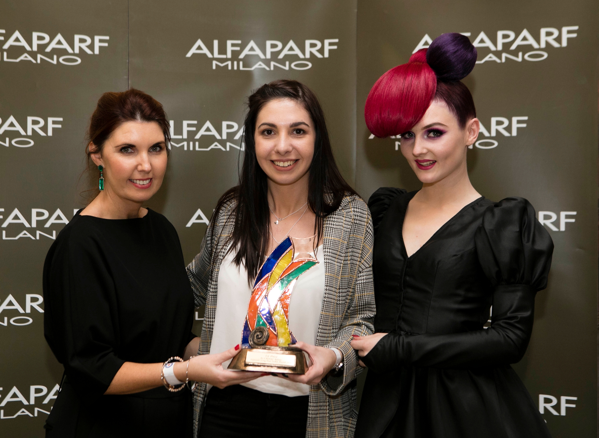 Alfaparf Milano Fantastic Long Hair Award Joan Jordan, ALFAPARF Milano with winner Chloe Nolan from VANILLA HAIR SALON, Carlow with her model Ashlie McHutcheon. Photo Chris Bellew /Fennell Photography