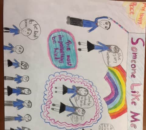 Ballinabranna Mixed National School's entry was named Senior County Winner. It was the brainchild of 5th class pupil Mia Fitzpatrick, who drew a picture with coloured pencils depicting a girl with one arm playing with fellow pupils in the school yard.
