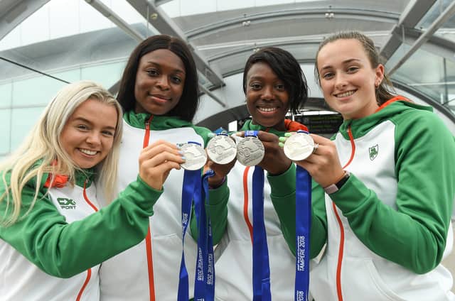 Molly Scott (left) with her 4x100 metre teammates after winning silver in Finland