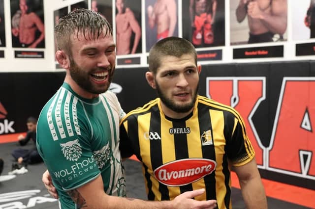 Myles Price jokes with Khabib Nurmagomedov, pictured in San Jose, California this week