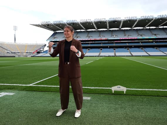 Katie Taylor poses for photos inside Croke Park, Dublin