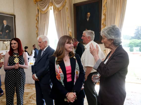 Stormont Economy Minister Dr Caoimhe Archibald chats to the President of Ireland Catherine Connolly at a special reception for Comhaltas to mark the countdown to Fleadh Cheoil na hÉireann 2026, which will take place in Belfast next month