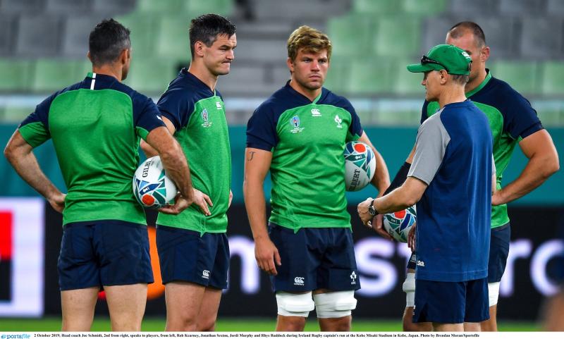 2 October 2019; Head coach Joe Schmidt, 2nd from right, speaks to players, from left, Rob Kearney, Jonathan Sexton, Jordi Murphy and Rhys Ruddock during Ireland Rugby captain's run  in Kobe today